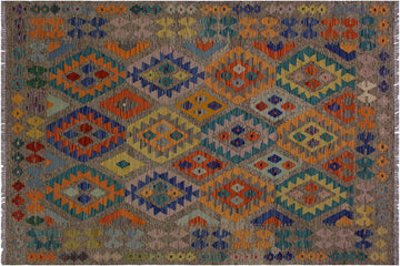 Flat Weave Kilim, Antique, Navaho, Vintage, Handmade, Geometric Kilim Brown Blue Hand-Woven Rectangle 100% Wool Area Rug 5 x 7